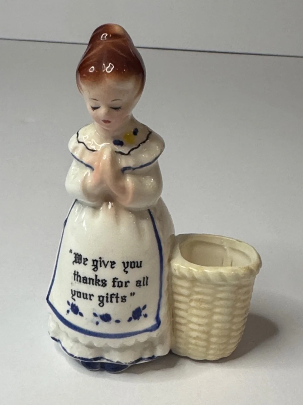 Enesco White & Blue Prayer Lady Toothpick Holder